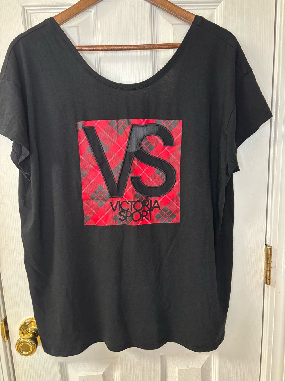 Victoria's Secret  Sport Black Tee with Red Plaid VS Square
